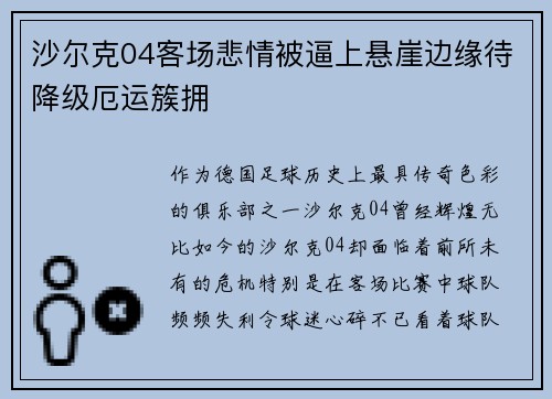 沙尔克04客场悲情被逼上悬崖边缘待降级厄运簇拥